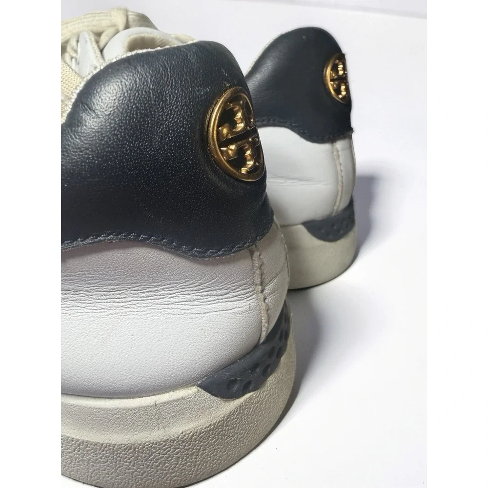 TORY BURCH Howell Court Sneakers White  Navy Blue Gold Logo Women's Sz 10